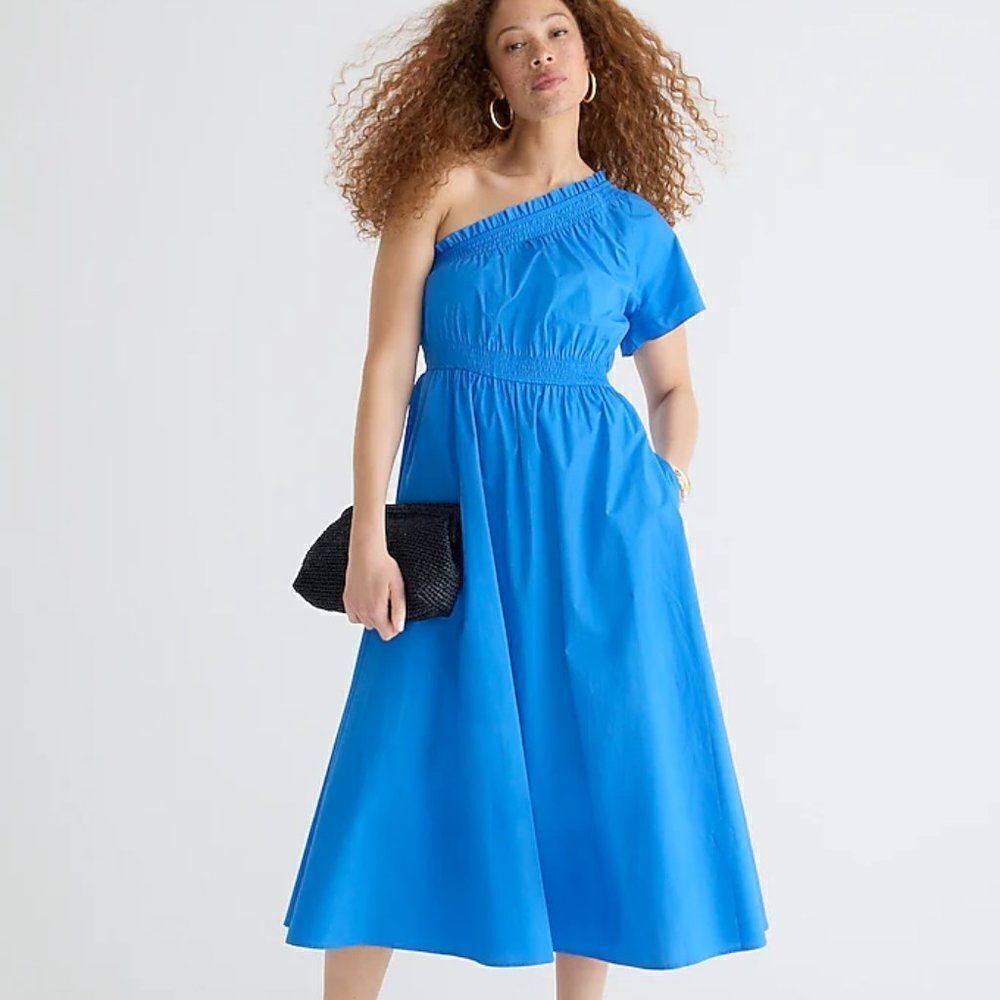 NWT J. Crew Smocked One Shoulder Cotton Poplin Sail Blue Midi Dress BR403